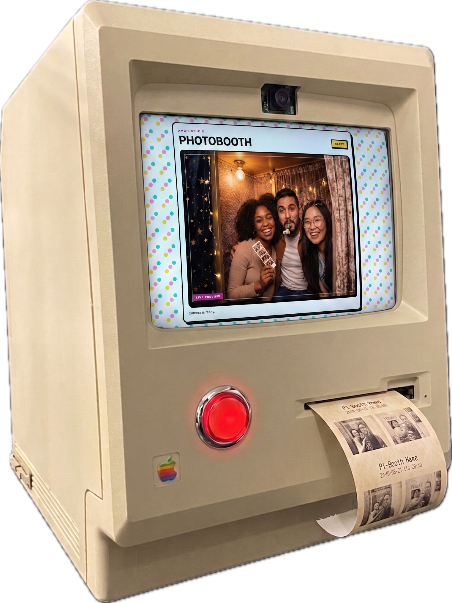 A compact photobooth unit with a screen, red button, and printed photo strip